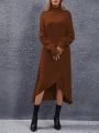 Turtleneck Batwing Sleeve Wrap Hem Sweater Dress (belt Not Included)