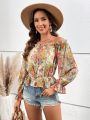 SHEIN VCAY Holiday Off Shoulder Blouse With Floral Print And Ruffled Hem