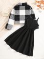 SHEIN Kids Cooltwn 2pcs/set Plaid Coat And Solid Color Slip Dress For Autumn/winter