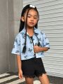 SHEIN Toddler Girls' Daily Casual Butterfly Print Short Sleeve Shirt