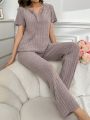 Notch V-Neck Top & Long Pants Home Wear Set With Ruffle Hem