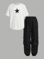 SHEIN Kids EVRYDAY Boys' Loose Fit Casual Round Neck Five-pointed Star Pattern Short-sleeved T-shirt And Cuffed Pants Set