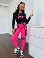 SHEIN Kids Cooltwn Tween Girl Letter Graphic Tee & Flap Pocket Buckle Belted Cargo Pants