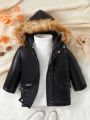 Baby Boy Fuzzy Trim Hooded Thermal Lined Winter Coat Without Sweater