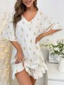 Floral Print Flounce Sleeve Ruffle Hem Nightdress