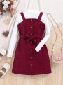 SHEIN Kids Cooltwn Big Girls' Solid Color Long Sleeve Top With Stand Collar And Suspender Dress
