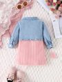 2pcs Baby Girls' Fashionable Long Sleeve Denim Jacket And Turtleneck Knitted Dress