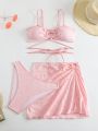 SHEIN Swim Mod Heart Shaped Ring Hollow Embroidery Bikini Set With Beach Skirt