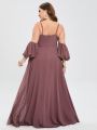 Plus Cold Shoulder Lantern Sleeve Ruched Waist Maxi Bridesmaid Dress