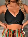 SHEIN Swim Basics Plus Size Women's Solid Color Crossover Swimsuit Top