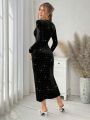 SHEIN Privé Elegant Velvet Dress With Hot Drilling For Valentine'S Day, New Year'S Day And Christmas Day