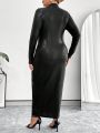 SHEIN Privé Women's Plus Size Black Dress With V-neck And Slit