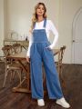 Adjustable Strap Denim Bib Overalls With Slanted Pocket