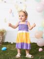 SHEIN Baby Girl'S Summer Vacation Shirred Color Block Sundress With Ruffle Straps