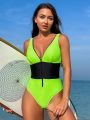 SHEIN Swim SPRTY Women'S Deep V-Neck Color Block One-Piece Swimsuit