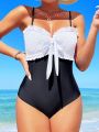 SHEIN Swim Chicsea Women's Color Block One Piece Swimsuit With Bowknot And Ruching Detail On Chest