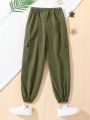 SHEIN Kids HYPEME Tween Girl Letter Patched Detail Flap Pocket Drawstring Waist Cargo Pants