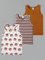 SHEIN Kids QTFun Boys' Three-piece Set Of Cute And Comfortable Solid Color Vest Plus Striped Vest Plus Bear Pattern Vest