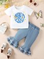 Baby Girls' Cute Daisy & Letter Printed Short Sleeve T-Shirt And Casual Denim Flared Pants Set