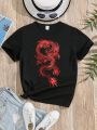 Teen Girls' Chinese Dragon Printed Round Neck Short Sleeve T-Shirt