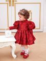 SHEIN Baby Girls' Gorgeous Chinese Style Embroidery Bubble Long Sleeve Dress