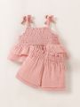 Newborn Baby Shirred Knot Shoulder Cami Top & Paperbag Waist Shorts