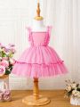 Pink Mesh Tulle Skirt Lovely Valentine's Day Party Princess Dress With Back Bow Tie For Baby Girl