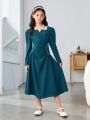 SHEIN Tween Girls' Vintage Fitted Pearl Decor Long Sleeve Elegant Midi Dress