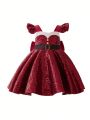 Toddler Girls' Colorblocked Ruffled Dress With Decorative Bow At Back, Suitable For Formal Occasions