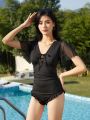 Ladies' Ruffled Trim One-piece Swimwear With Tie Straps