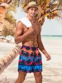 SHEIN Men'S Swim Trunks With Coconut Tree Print And Drawstring Waist