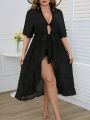 SHEIN Swim Chicsea Plus Size Women's Kimono With Batwing Sleeves And Waist Tie Detail, 1pc