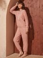 SHEIN Valentines Women'S Solid Color Hooded Sweatshirt And Jogger Pants Pajama Set