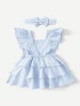 SHEIN Baby Girl's Adorable Bowknot Decorated Ruffle Trim Overall Dress