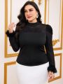 SHEIN Modely Plus Size Women'S Sleeve Cuff & Stand Collar Patchwork T-Shirt