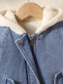 Baby Girl Flap Detail Raglan Sleeve Hooded Denim Effect Coat