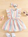 Baby Block Striped Ruffle Trim Bow Front Dress With Headband