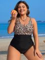 SHEIN Swim Classy Plus Size Women's Leopard Printed Ruched Monokini Swimsuit