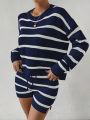 SHEIN Essnce Striped Pattern Drop Shoulder Sweater & Drawstring Waist Knit Shorts