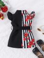 Infant Girls' Chic Striped Floral Print Shirt Dress With Belt Detail, Vacation Style, Spring/Summer