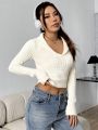 Women's Lapel Tight White Sweater