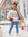 SHEIN Young Girl Christmas Elk & Geo Pattern Drop Shoulder Sweater