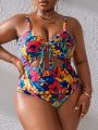 SHEIN Swim Vcay Plus Size Hollow Out Lace-Up One-Piece Swimsuit With Floral Print