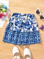 SHEIN Kids FANZEY Girls' Tie-Front Shorts With Blue And White Porcelain Elements