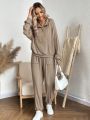 SHEIN LUNE Ladies' Solid Color Half Zipper Kangaroo Pocket Drop Shoulder Hoodie And Sweatpants Two Piece Set