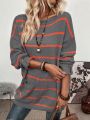 SHEIN LUNE Striped Pattern Pocket Patched Drop Shoulder Sweater