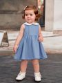 SHEIN Baby Girls' Casual Doll Collar Color Block Elastic Waist Pleated Dress