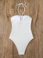 SHEIN Swim Vcay Solid Color Halter One-piece Swimsuit With Hollow Out Detail