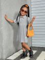 SHEIN Little Girls' Casual Knit Polo Collar Short Sleeve Dress For Everyday Wear