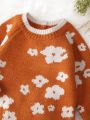 Baby Girl Floral Pattern Contrast Trim Raglan Sleeve Knit Jumpsuit